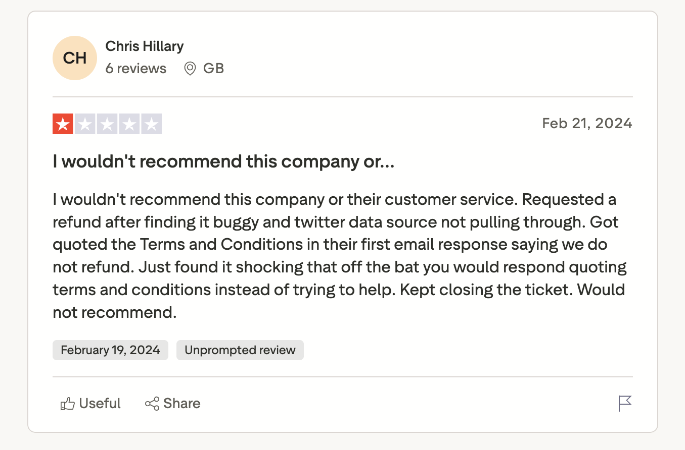 Windsor Ai Negative Review - A one-star customer review for a company.