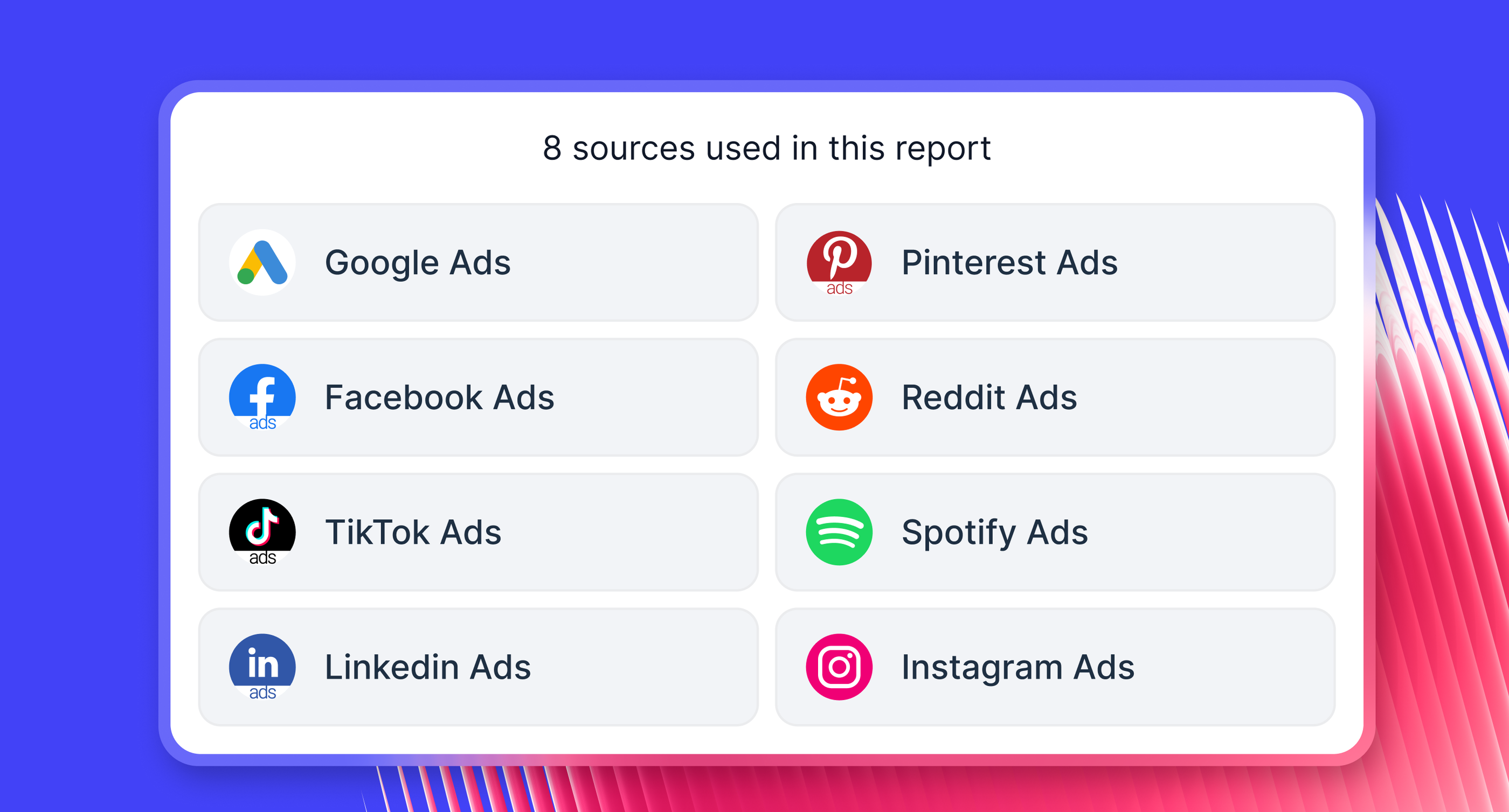 Aggregate - List of 8 ad sources: Google, Pinterest, Facebook, Reddit, TikTok, Spotify, LinkedIn, Instagram.