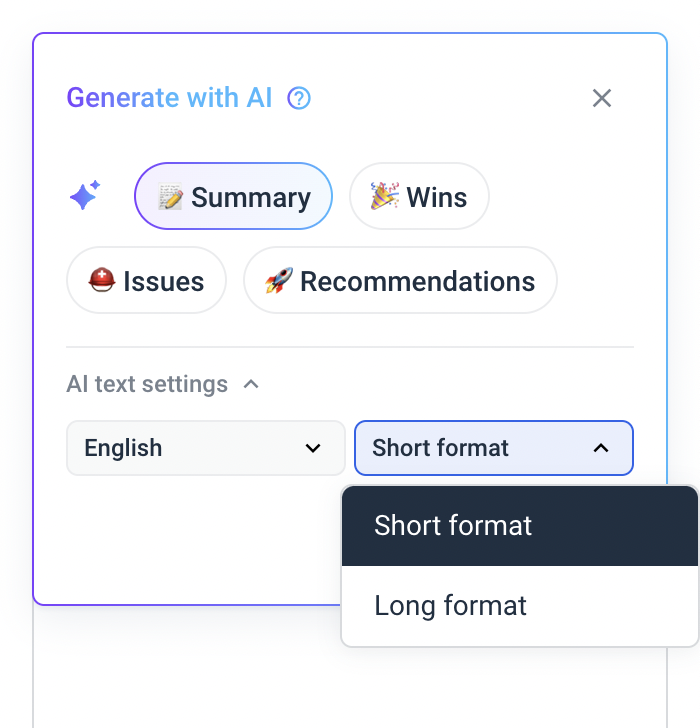 AI Summaries - AI settings menu with language and short format options.
