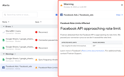 Facebook API limit warning