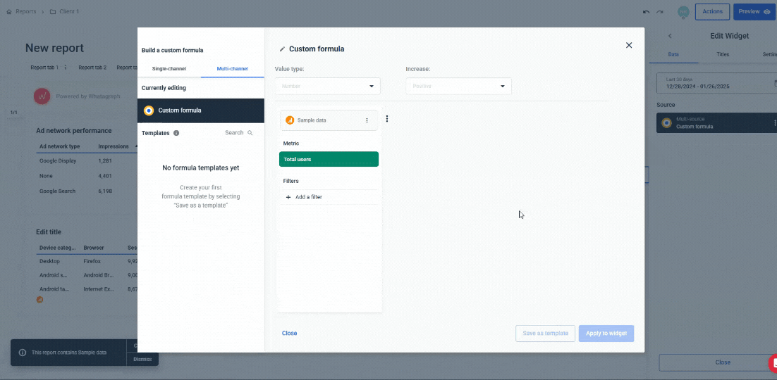 Apply Custom Formula - Custom formula creation interface with data and filter options.
