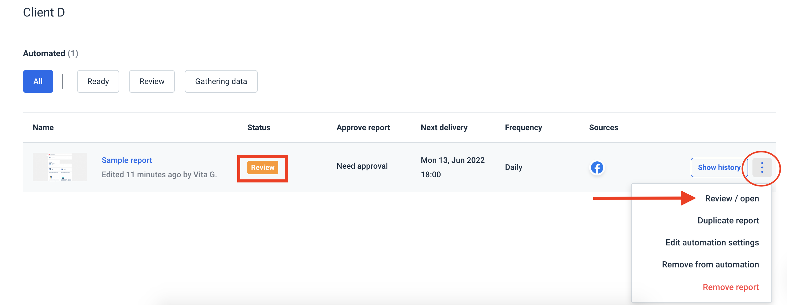 Cross-channel marketing report - Automated Report Review Step In Whatagraph - A dashboard view showing a report in 