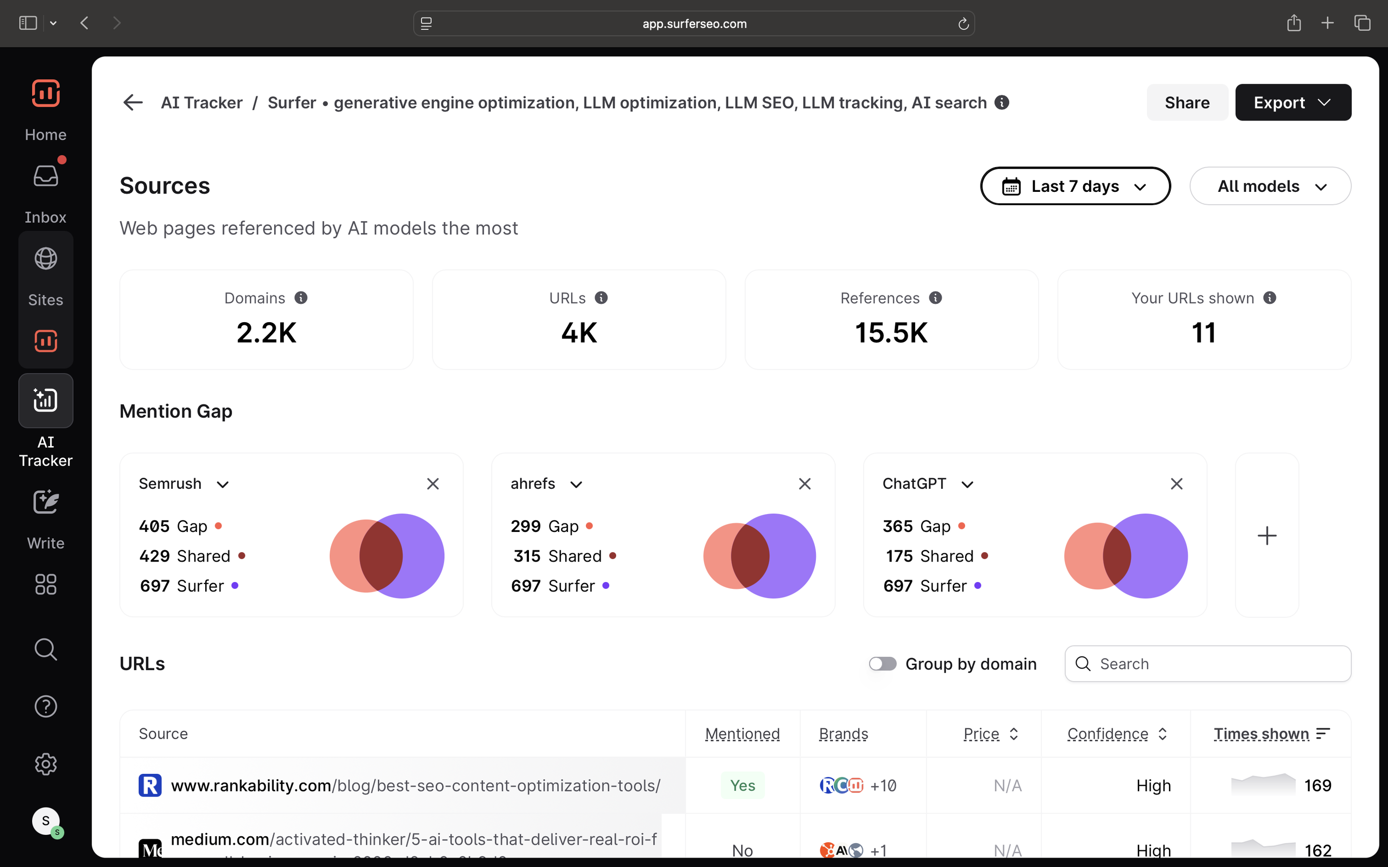 Best AI SEO Tools - AI tracker dashboard with sources, mentions, and domains.