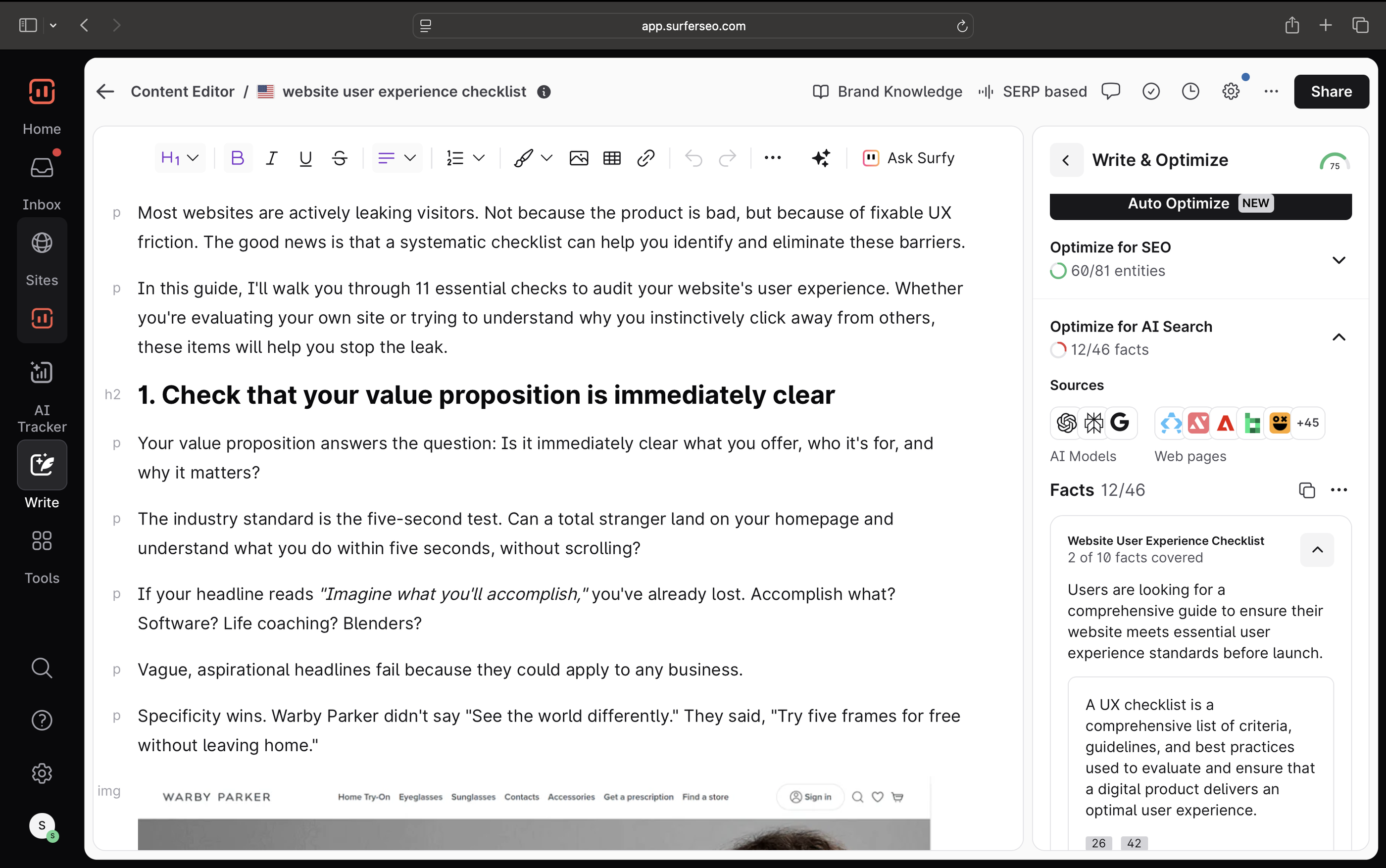 AI SEO Tools - Content editor interface with checklist and optimization panel.