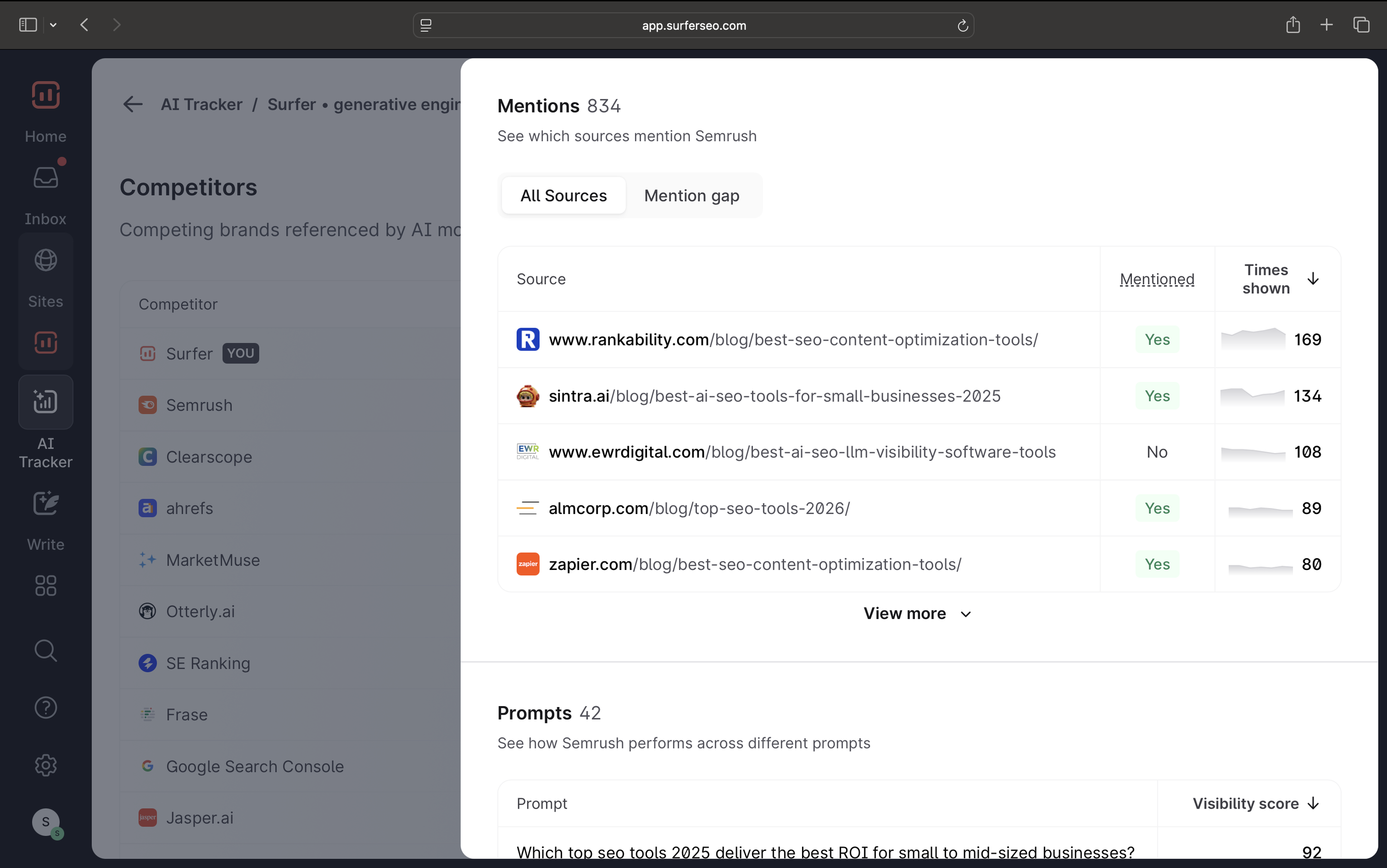 Best Ai Seo Tools Competitors - AI tracker popup showing competitor mentions and prompts