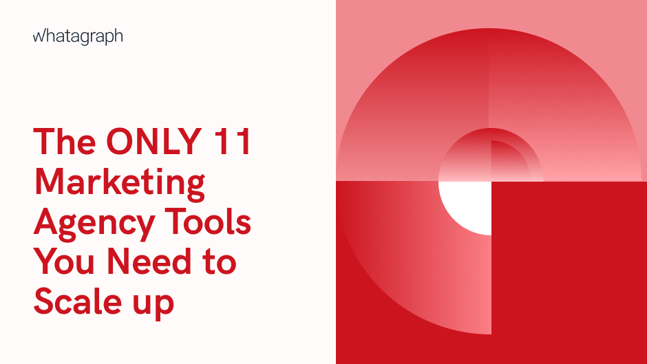 Marketing Agency Tools - Graphic with text on the left and an abstract red design on the right.