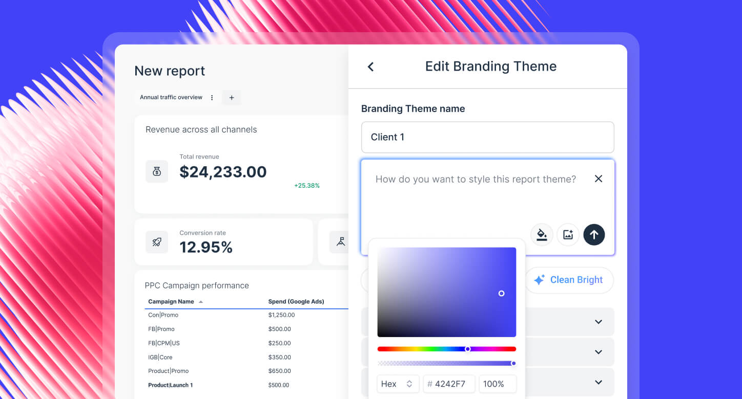 Brand Reports - Screenshot of a report creation interface showing revenue and branding options.