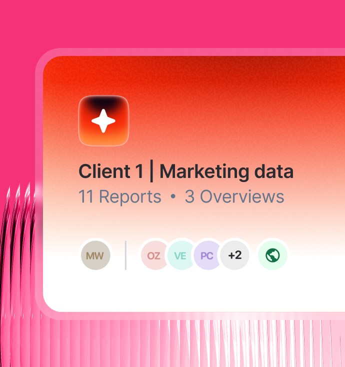 Whatagraph multi-client workspace showing Client 1 with 11 reports and 3 overviews and team member access controls.