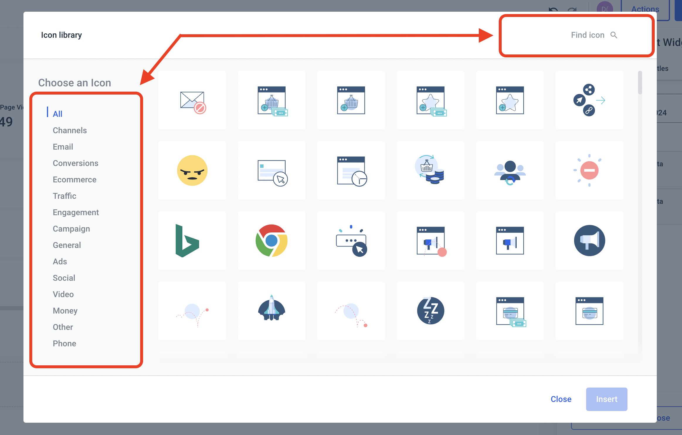 Cross-channel marketing report - Changing Widget Icon - Icon selection window with categories and search.