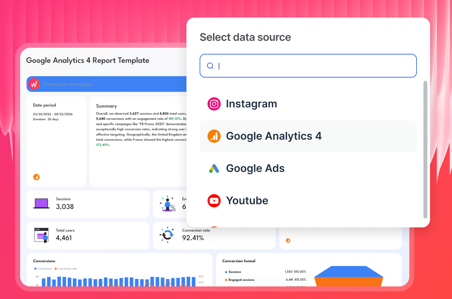 Marketing Analytics Tools - Google Analytics 4 dashboard with data source selection popup.