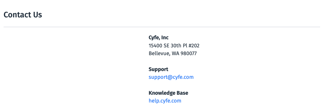 Cyfe Contact Us Page - Contact information for Cyfe, Inc, including address, support email, and knowledge base link.