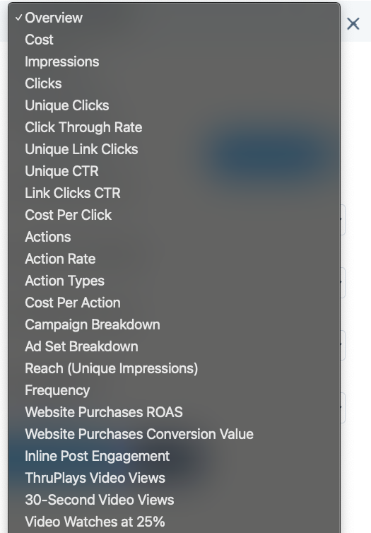 Cyfe Data Source Metrics - List of metrics available in a dark interface.