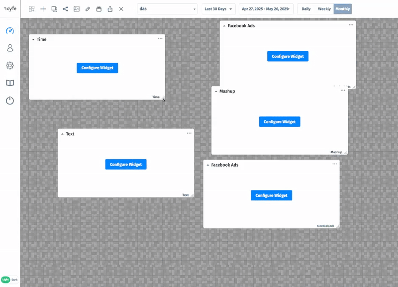 Cyfe Modifying Dashboard - Dashboard view with widgets titled Time, Text, Facebook Ads, and Mashup
