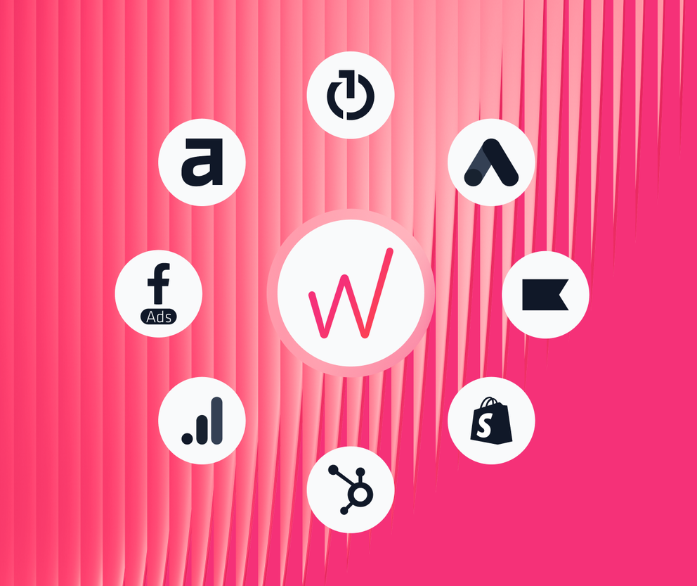 Data Flow - Assorted symbols encircling a central "W" symbol on pink background.