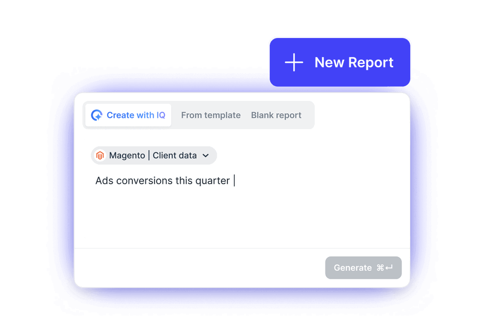 Ecommerce Reporting Software - Report creation interface with a "Create with IQ" button and data source selection.