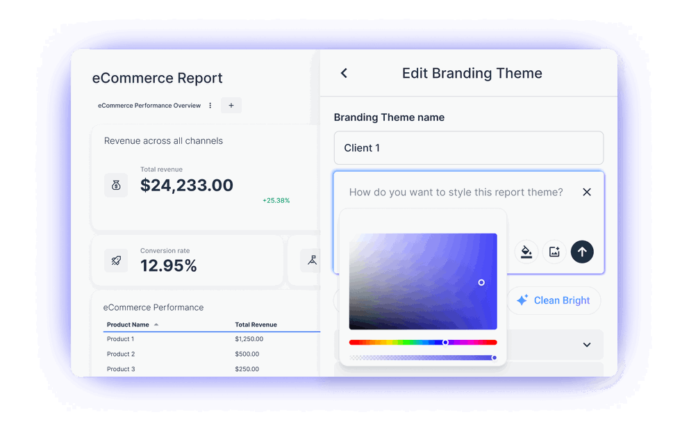 eCommerce Reporting Software - App interface with branding theme editor, showing product revenue report.