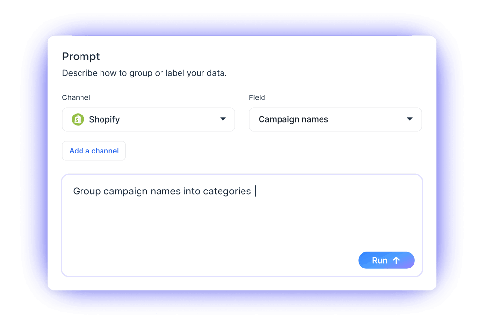 ECommerce Reporting Software - A prompt box with "Shopify" selected as the channel and "Campaign names" selected as the field. A text box reads "Group campaign names into categories."