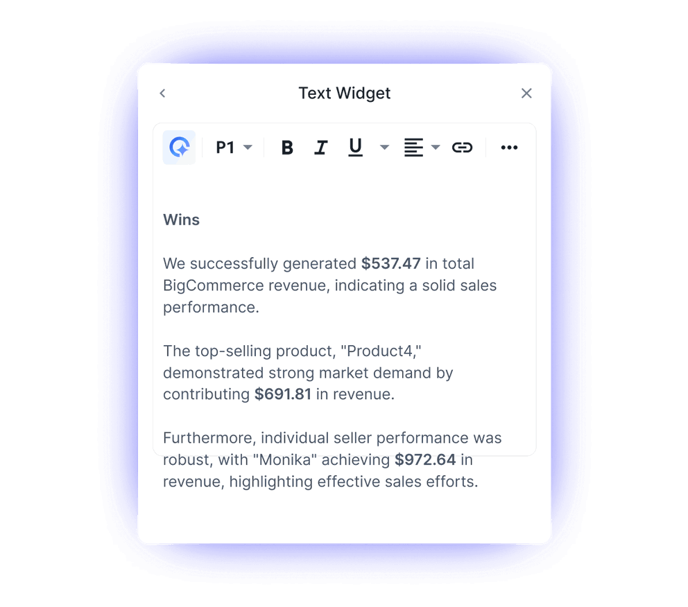 eCommerce Reporting Software - A text widget displaying revenue and sales performance data.