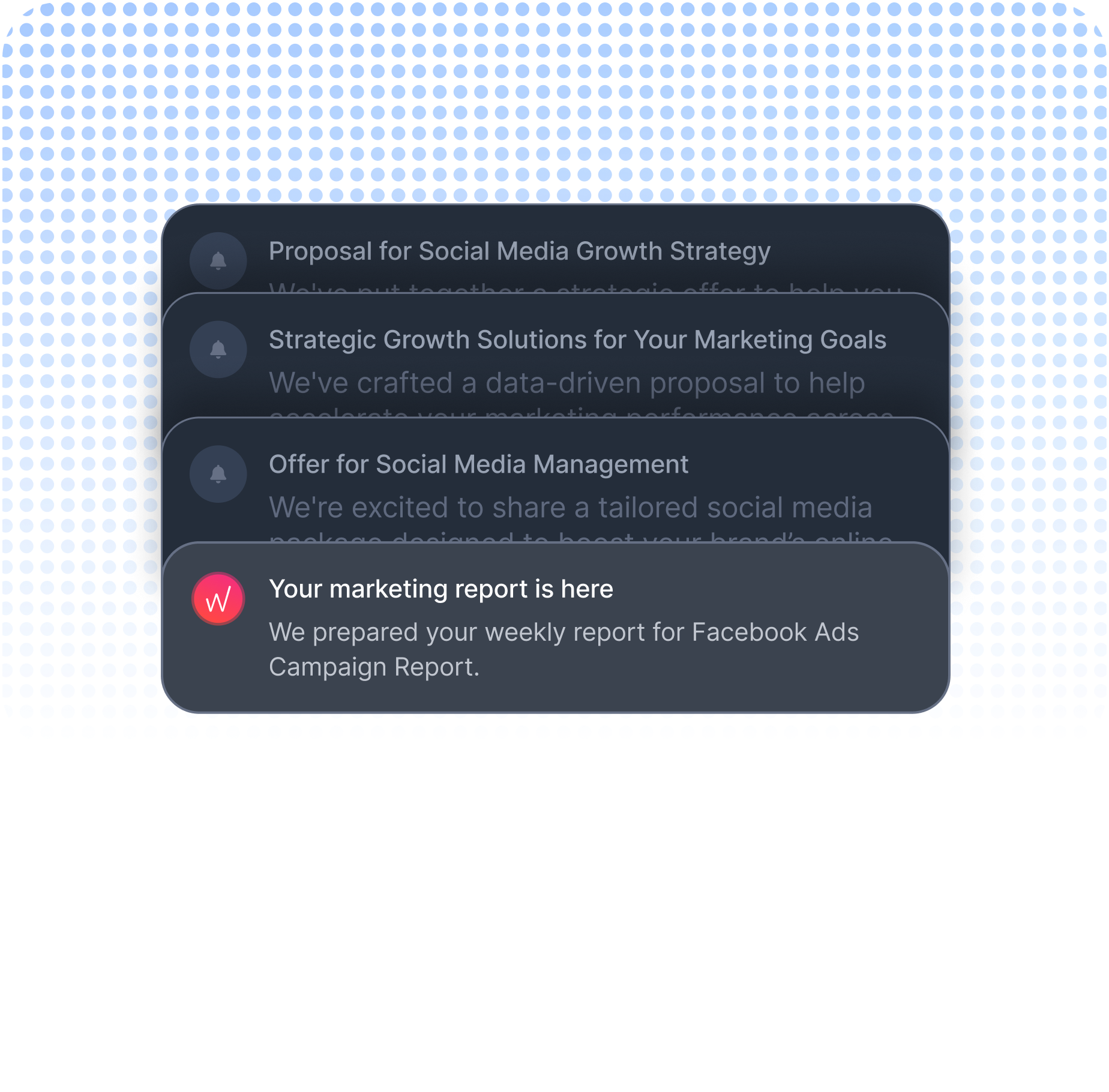 Whatagraph automated email showing a scheduled weekly Facebook Ads Campaign Report delivered to a client inbox.
