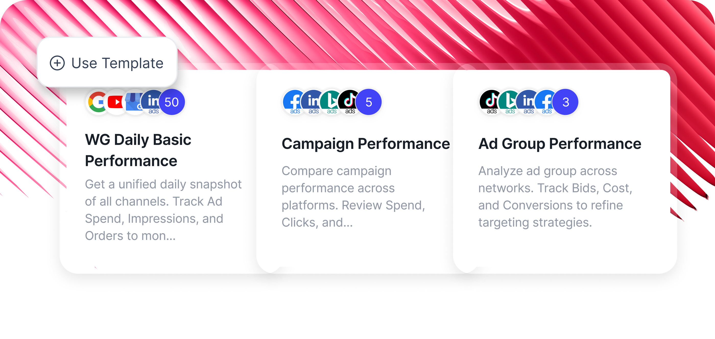 Whatagraph templates library showing Daily Performance, Campaign Performance and Ad Group Performance templates.