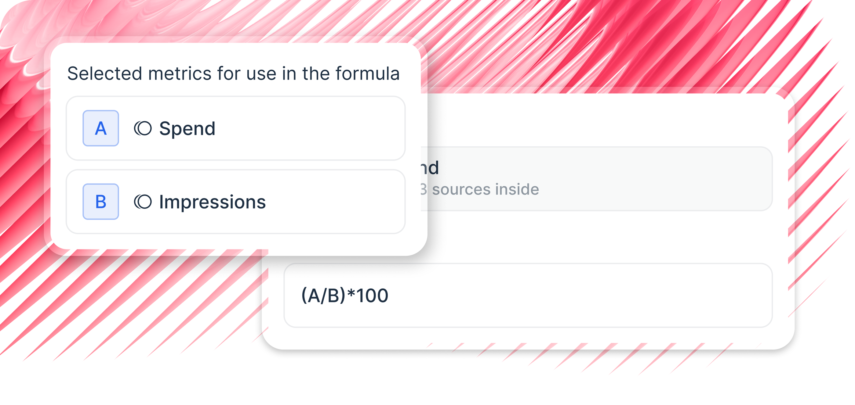 Whatagraph formula builder showing Spend divided by Impressions as a calculated metric using flexible formulas.