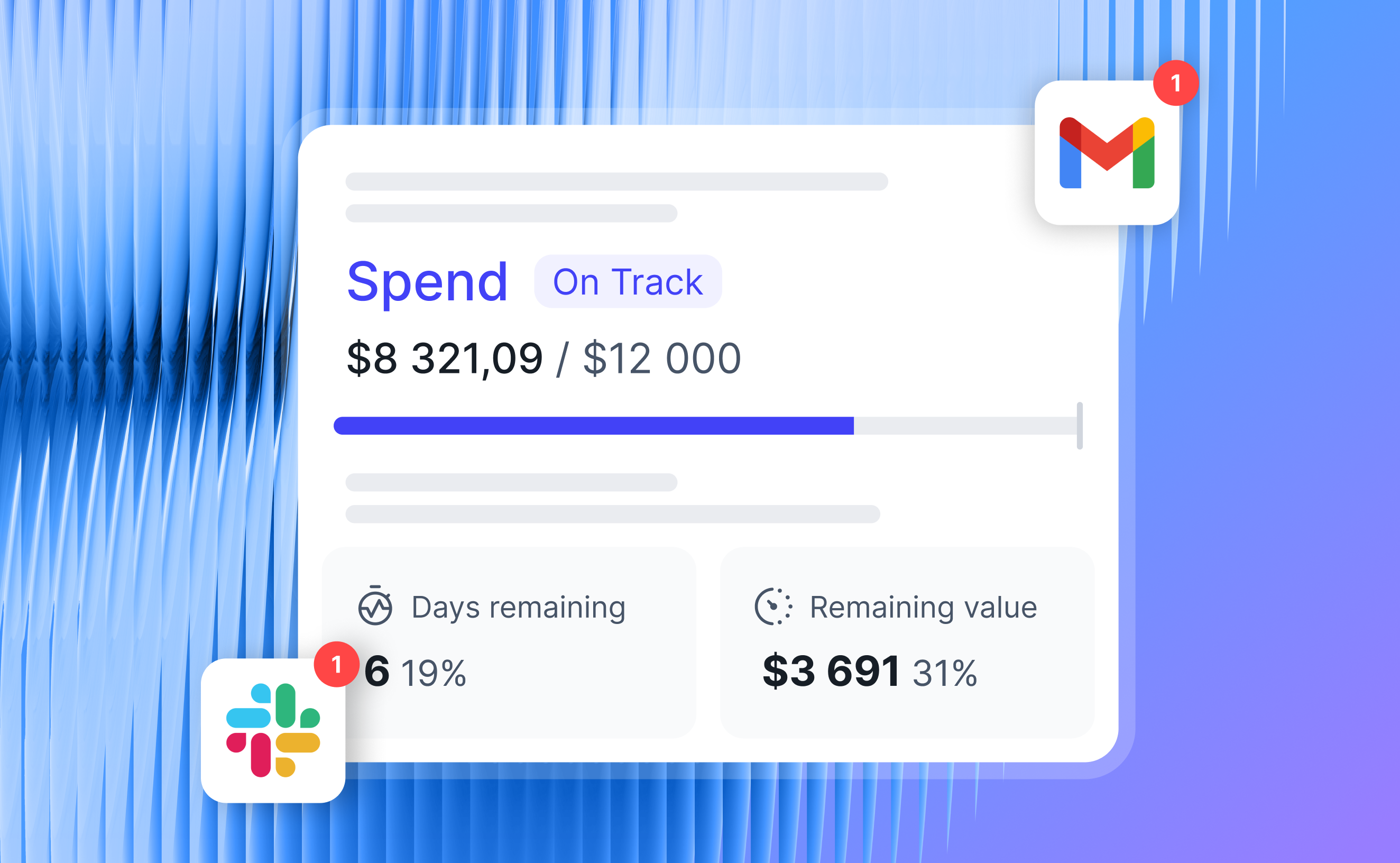 Whatagraph goals and alerts showing ad spend with Slack and Gmail notifications.
