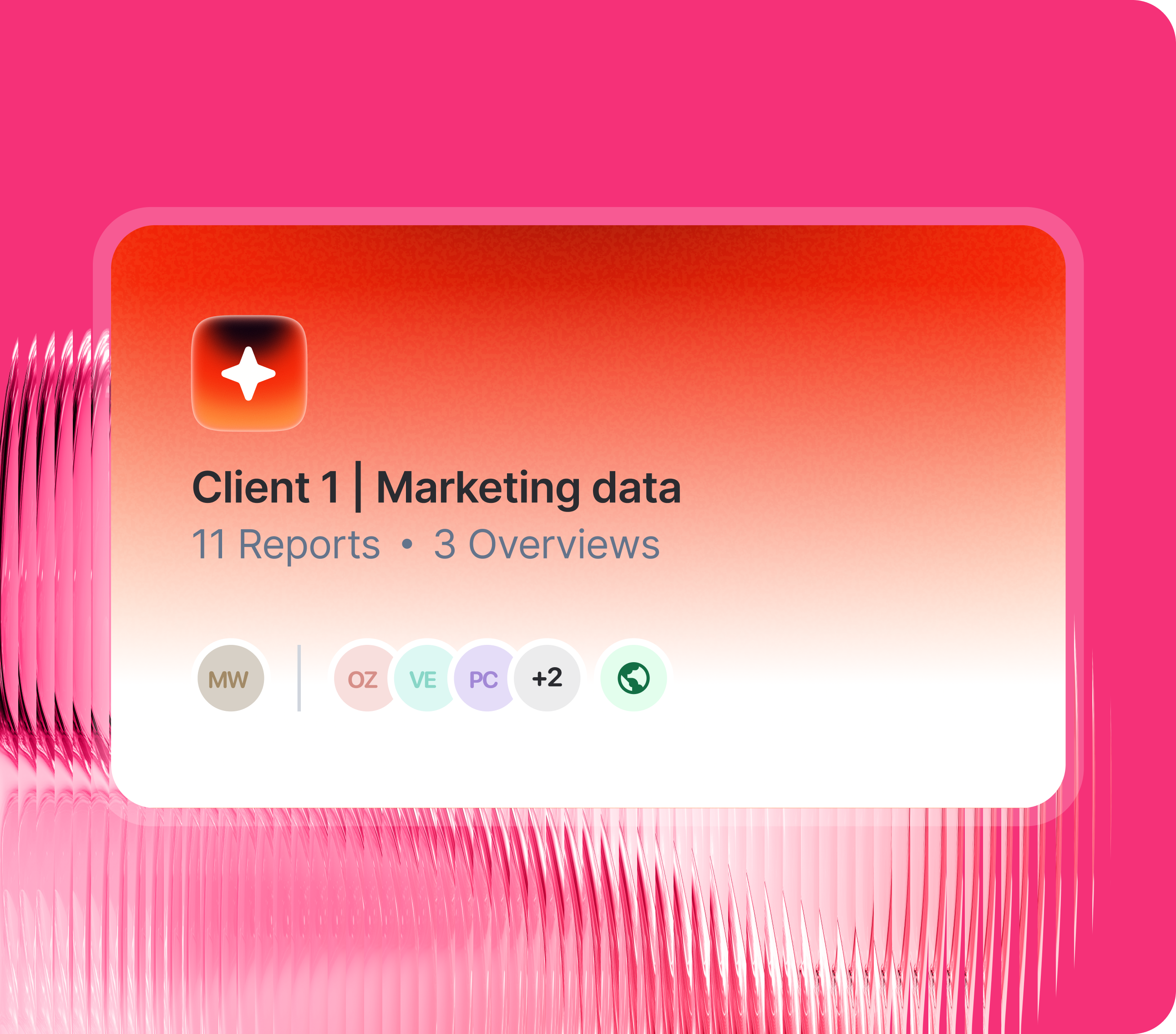 Whatagraph multi-client workspace showing Client 1 with 11 reports and 3 overviews and team member access controls.