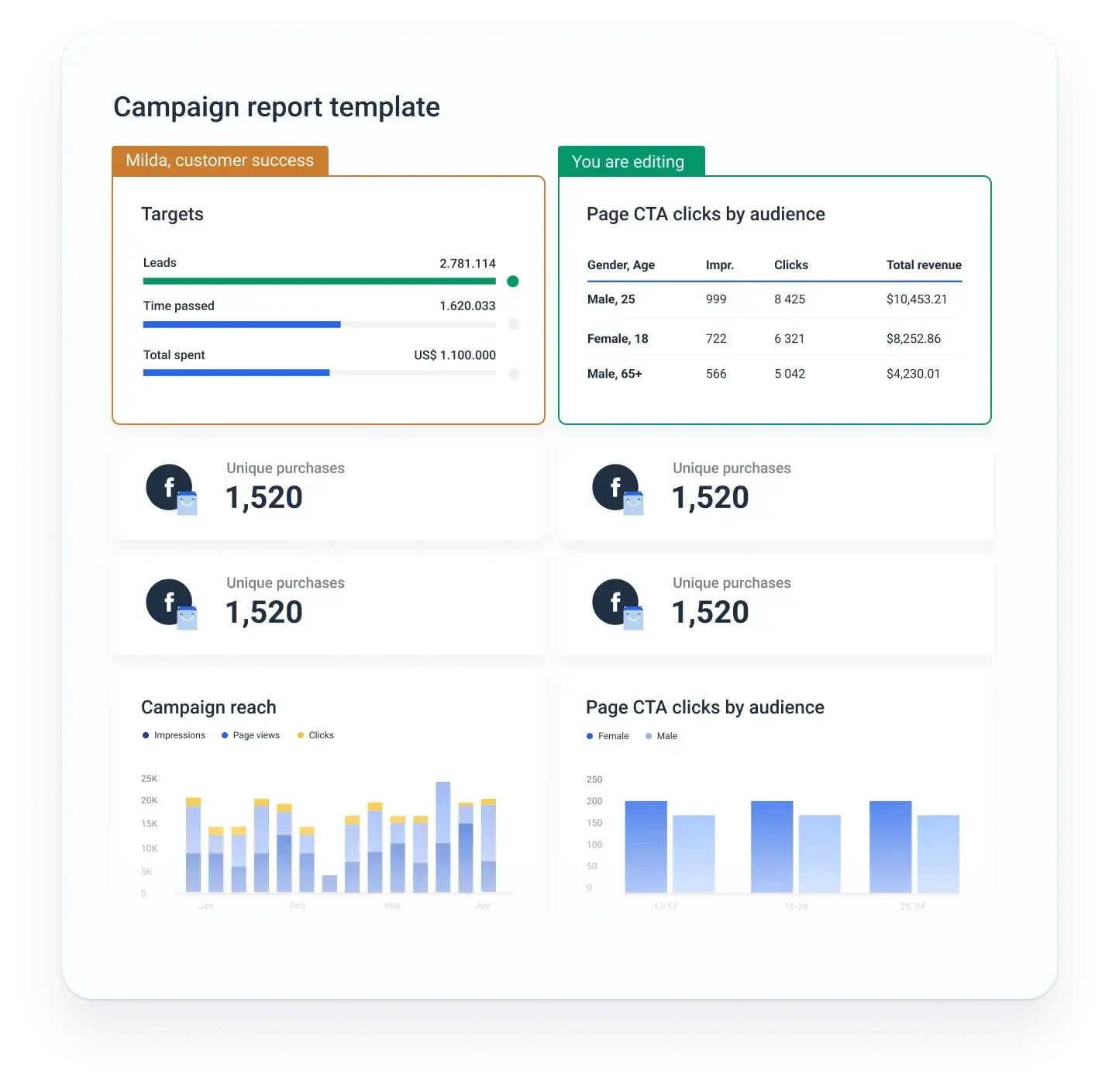 An image of the Whatagraph dashboard, with a custom reporting template