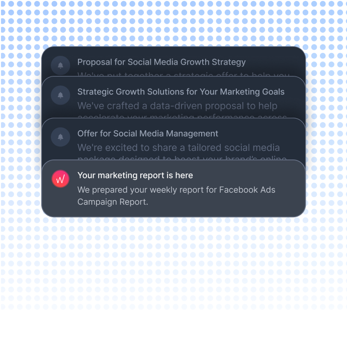 Whatagraph automated email showing a scheduled weekly Facebook Ads Campaign Report delivered to a client inbox.