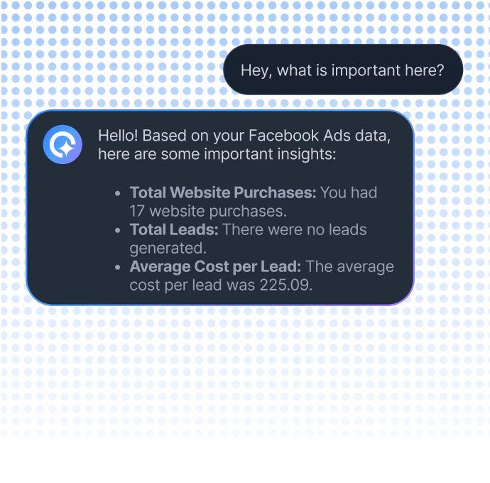 Whatagraph client-facing AI chat showing Facebook Ads insights iROAS and cost per lead.