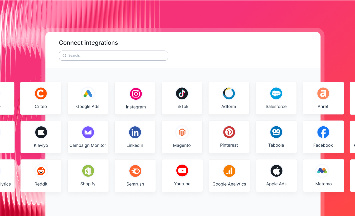 Integrations Desktop - Integrations interface with app logos like Facebook, Google, TikTok.