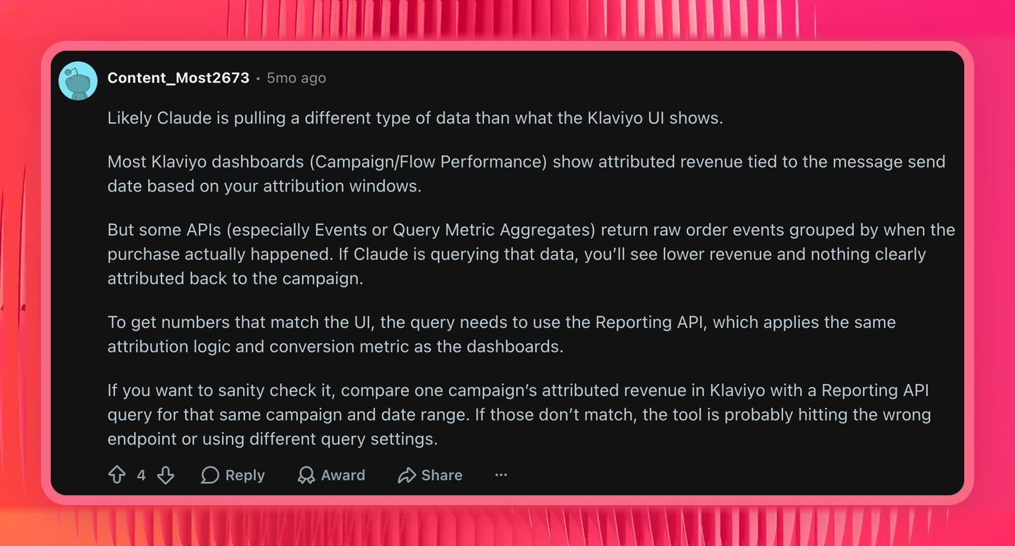 klaviyo-mcp-raw-order-events-vs-reporting-api.png