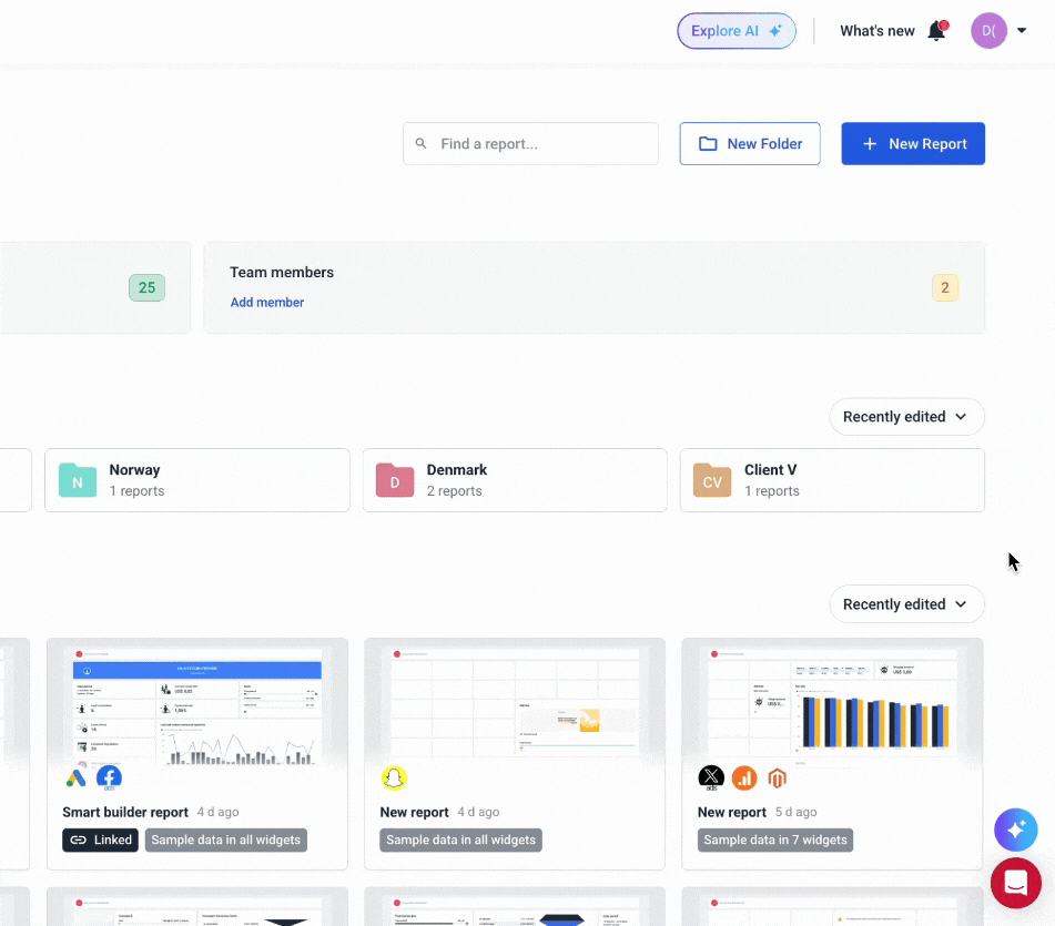 Marketing KPI Dashboard AI Insights - Dashboard with reports, folders, search, and team member information.