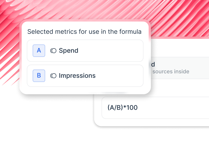 Whatagraph formula builder showing Spend divided by Impressions as a calculated metric using flexible formulas.