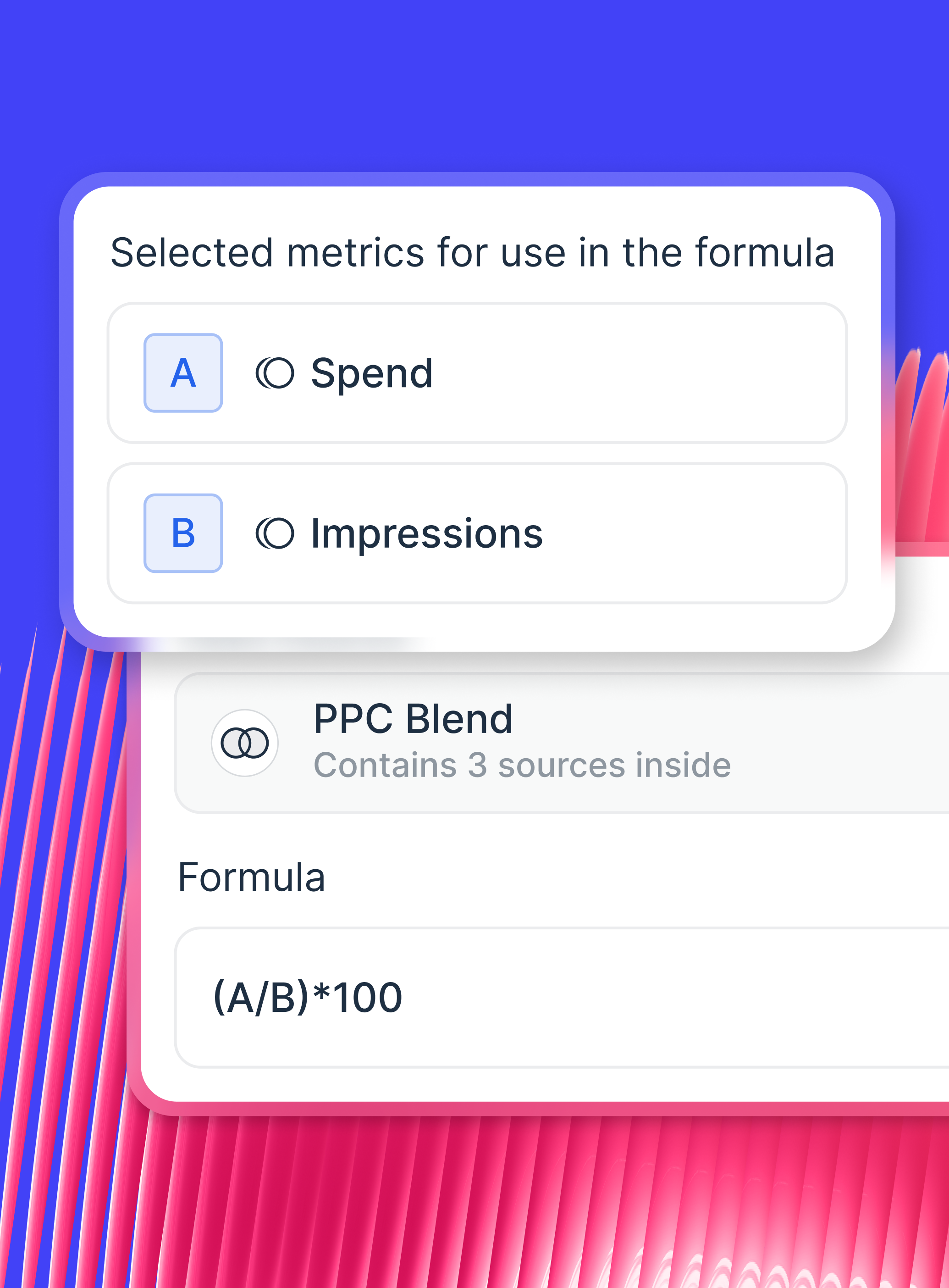 Whatagraph custom metric formula builder with Spend as variable A and Impressions as variable B.