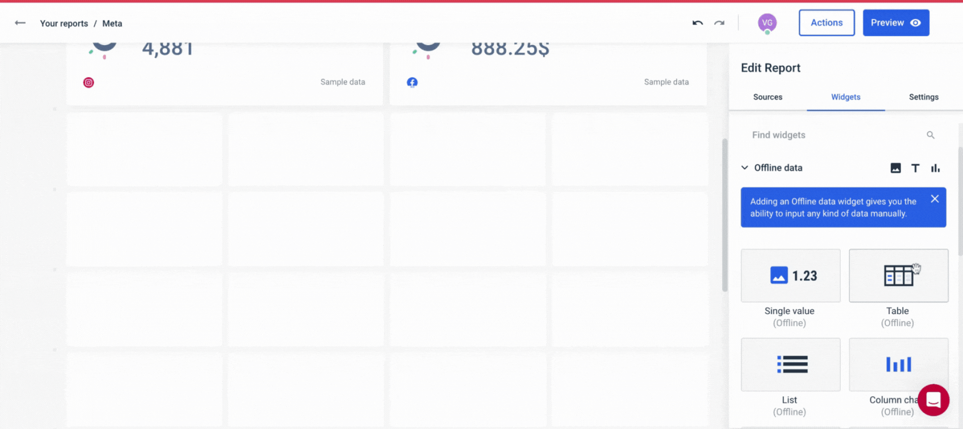Offline Data - Report edit interface with 'Widgets' tab selected.