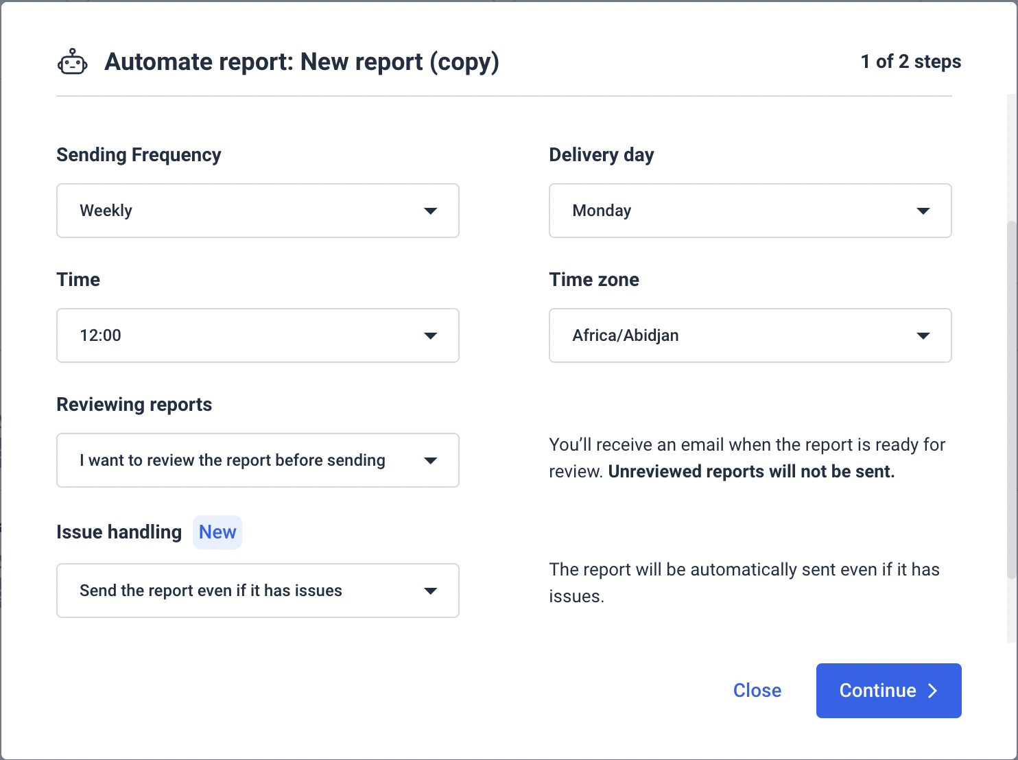 Cross-channel marketing report - Report Automation - Interface for scheduling automated reports, showing frequency, time, and delivery options.