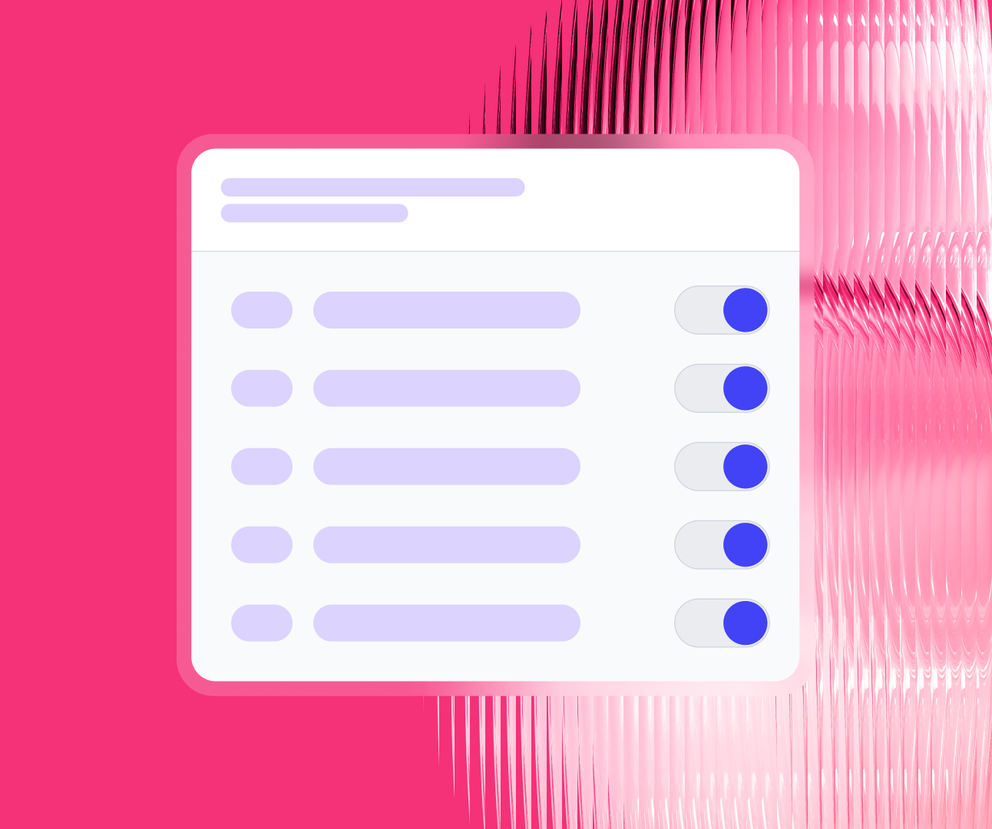 Section 1 - UI element showing a settings panel with toggle switches on a pink background.