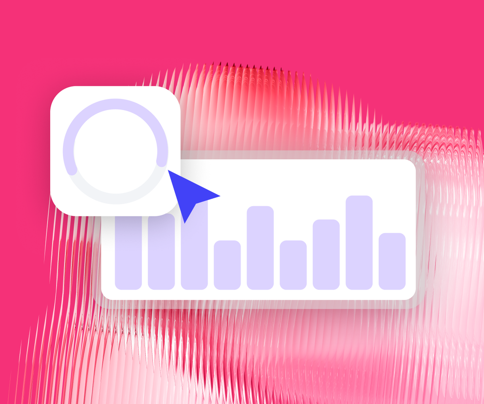 Section 3 - Square icon with circular indicator and blue cursor hovering over bar graph.