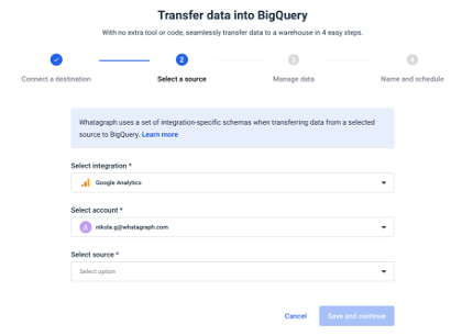 Whatagraph's data transfer to Google BigQuery