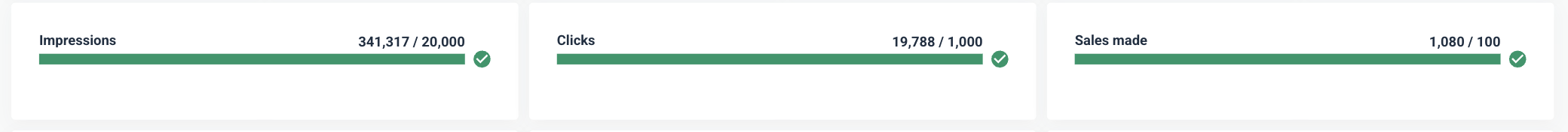 Step 2 - Three progress bars showing impressions, clicks, and sales, all surpassing their goal.