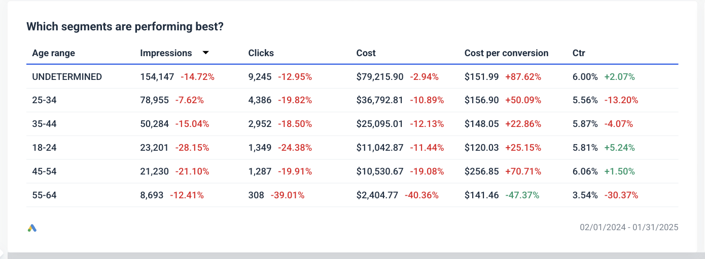 Step 3 - Performance data table by age range showing impressions, clicks, cost, Ctr.