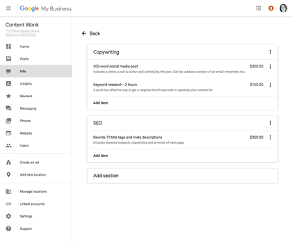 Example of sample menu in Google My Business