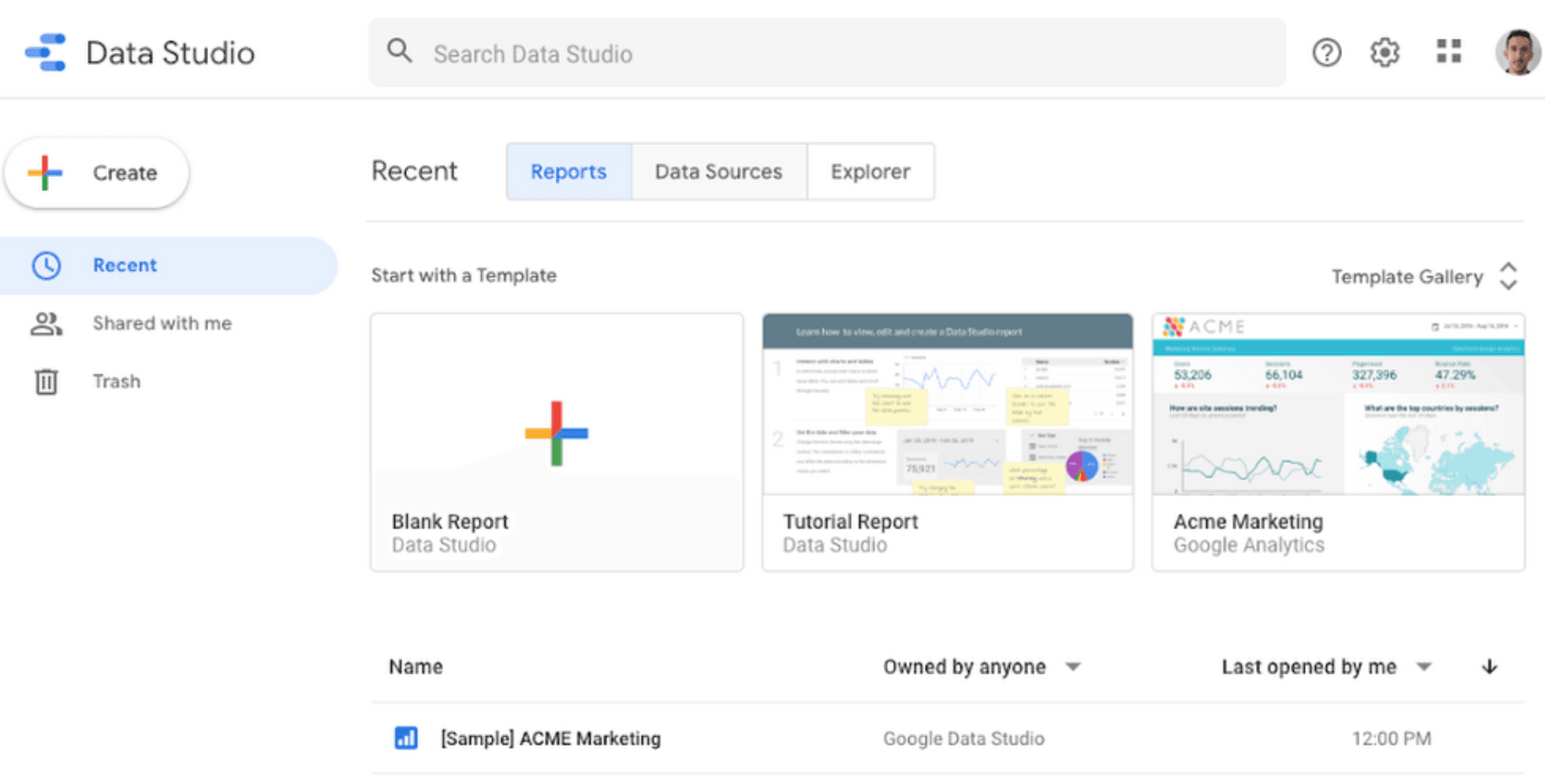 Google Data Studio example homepage