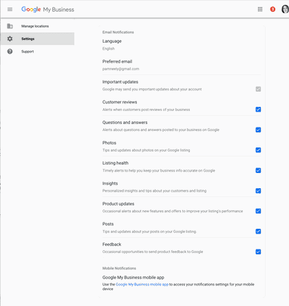 Google My Business notification settings