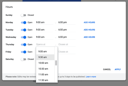 Add hours to Google My Business listing