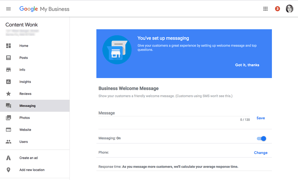 Messaging set up in Google My Business