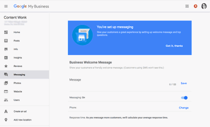 Messaging set up in Google My Business