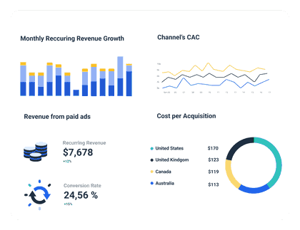SaaS dashboard metrics visualised with Whatagraph.