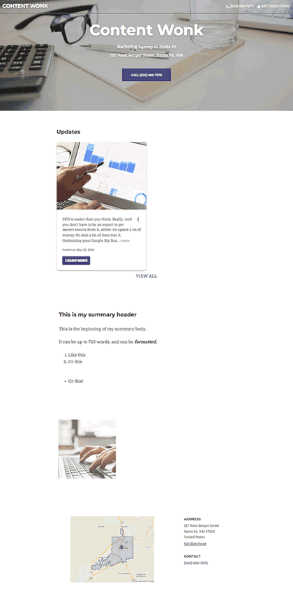 Google My Business website - published